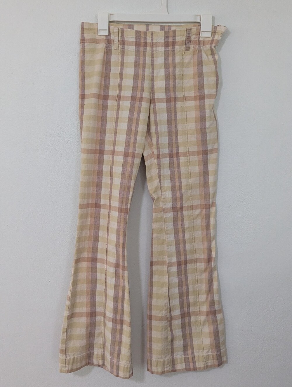 Free People The Way You Move Flare Pants Plaid Split Crop Yellow Tan 8
